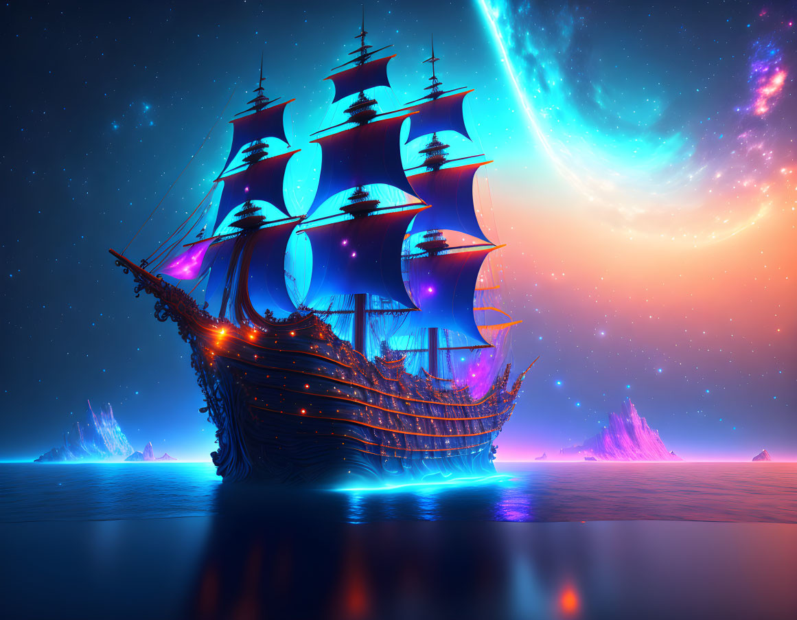 Surreal image: Glowing sailing ship on calm waters at night