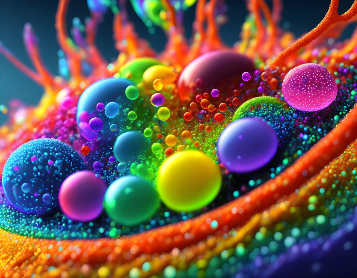 Colorful Abstract Image: Glossy Spheres & Tentacle-like Structures