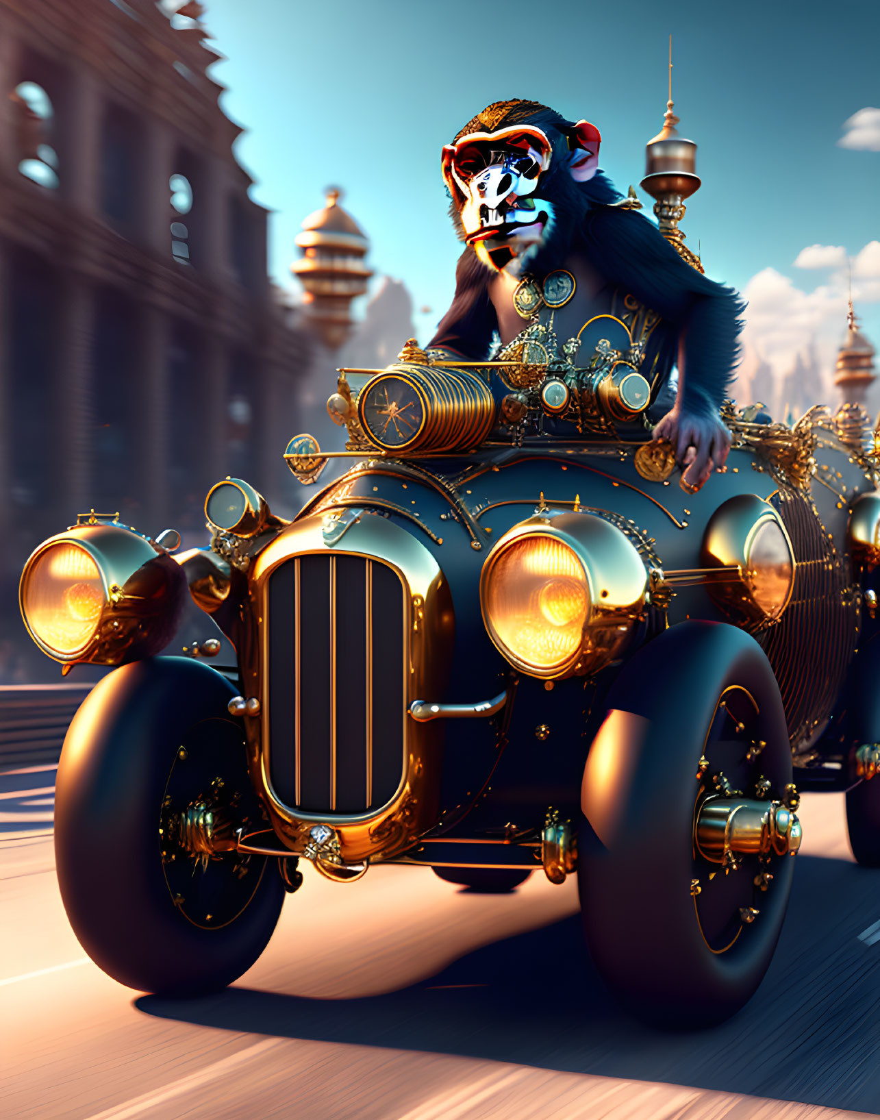 Stylized mandrill in vintage golden car in futuristic city at sunset