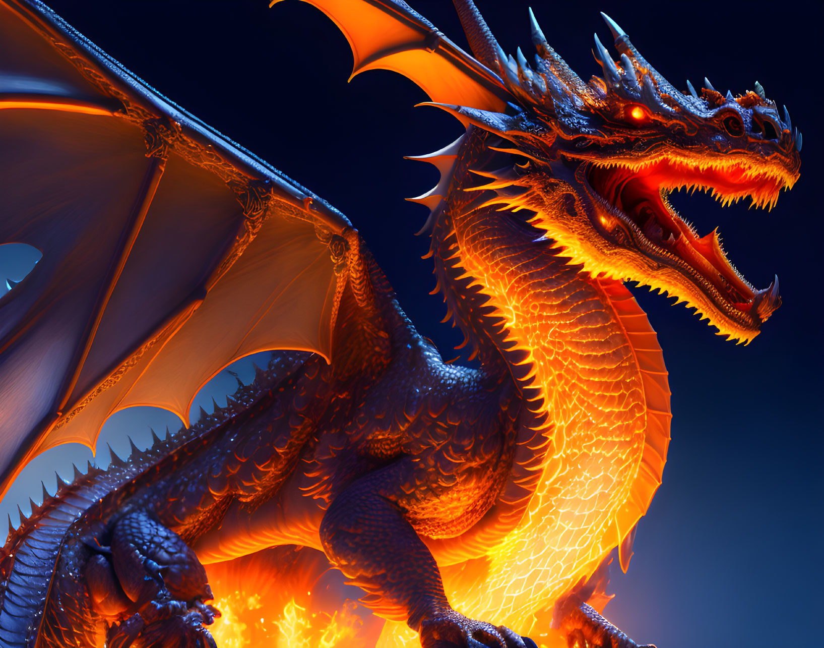 Orange Dragon with Glowing Scales and Fiery Breath on Blue Background