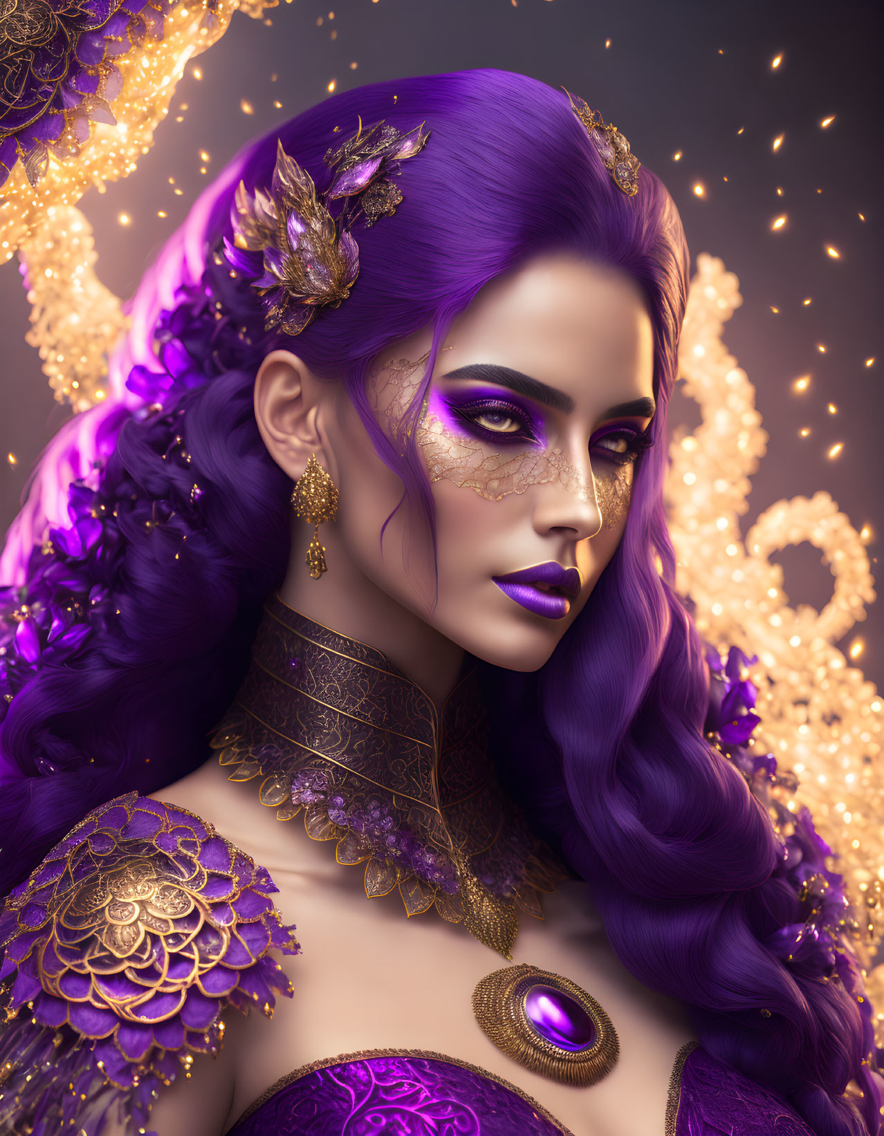 Purple-haired woman with matching makeup and gold jewelry on golden background