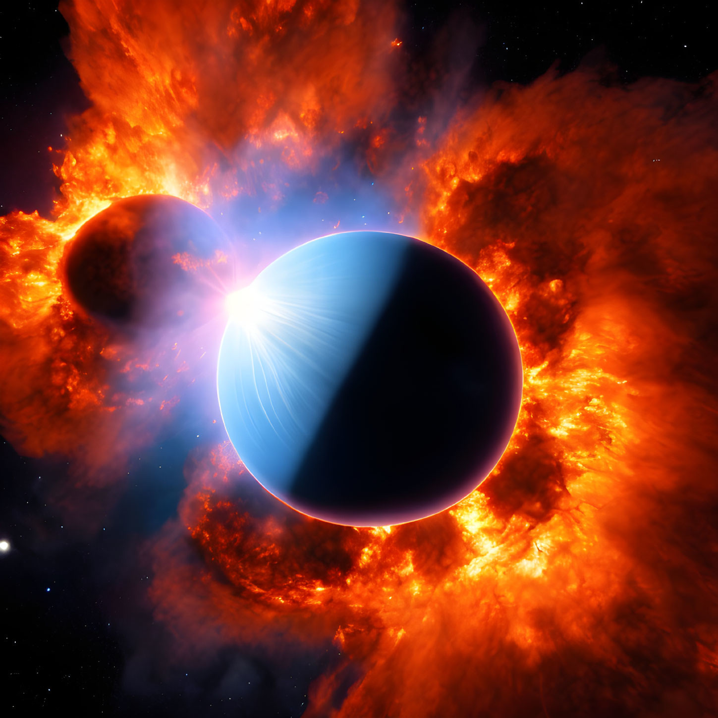 Colorful celestial scene with large blue planet and fiery orange nebula.