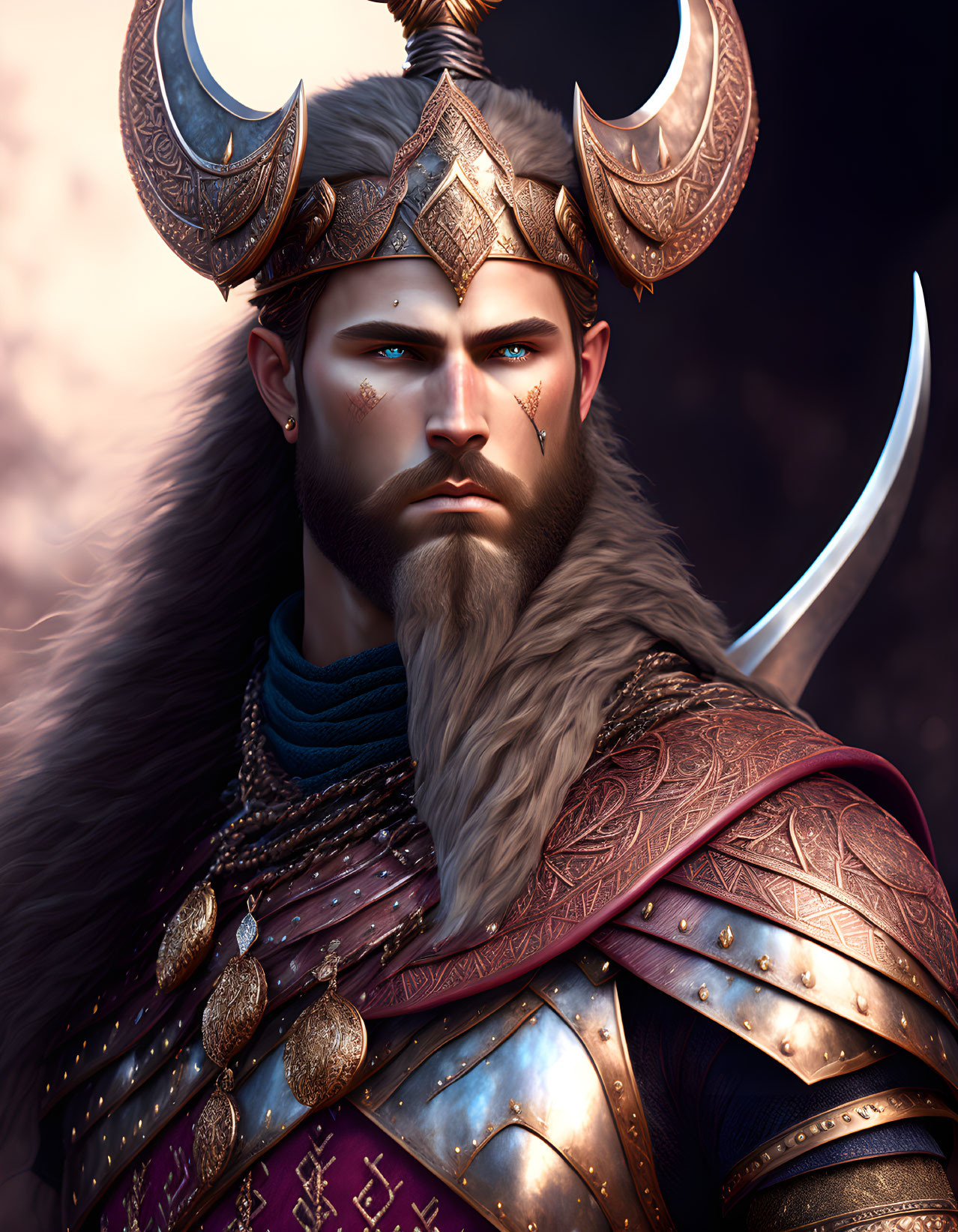 Bearded warrior in horned helm and ornate armor against dusky sky