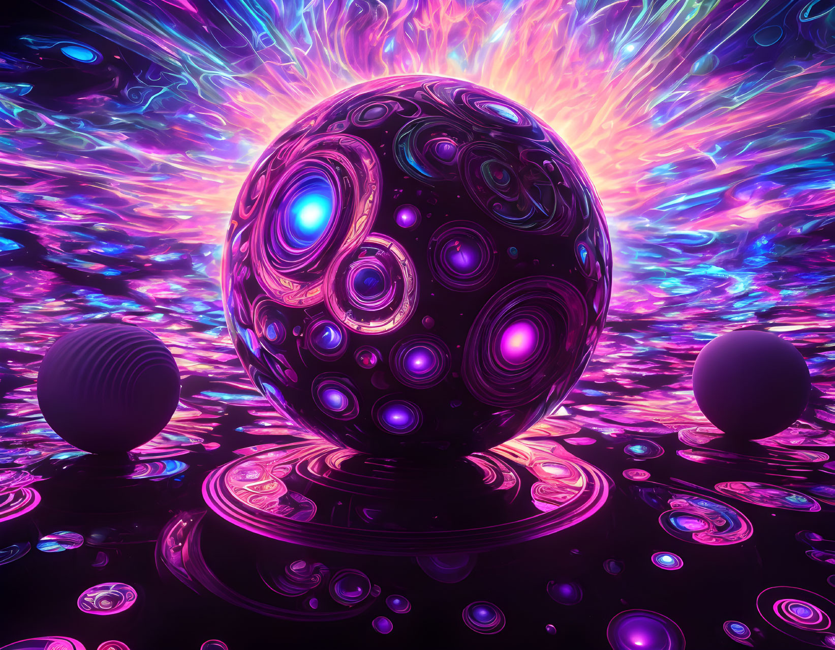 Colorful digital artwork: central glowing sphere, smaller spheres, neon cosmic background