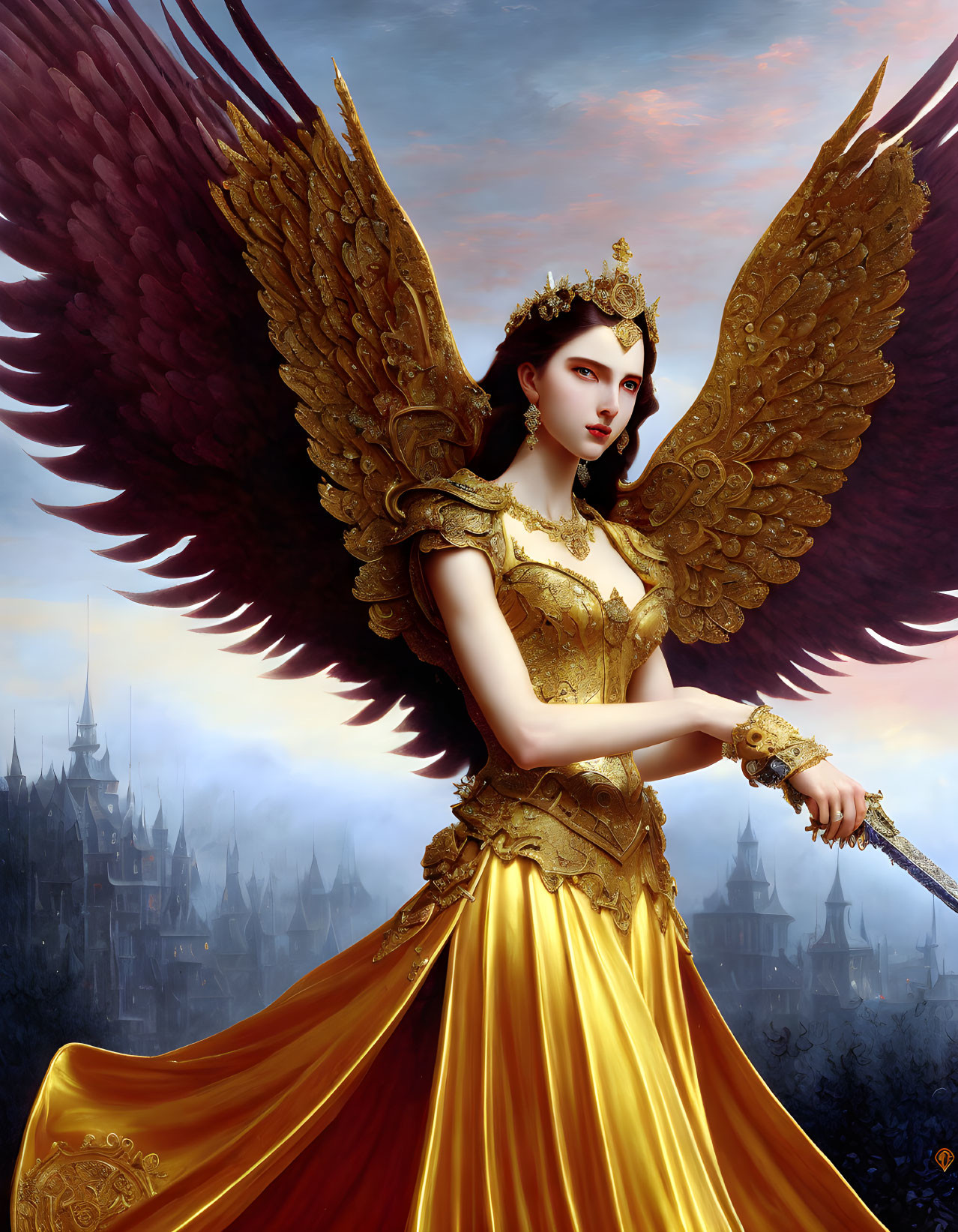 Regal figure with brown wings, crown, and scepter in misty castle backdrop