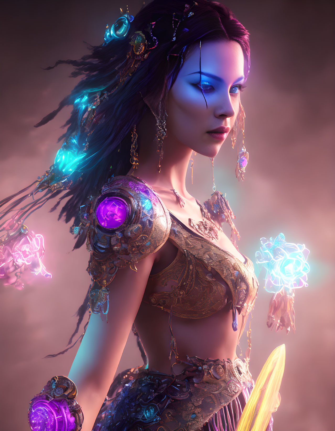 Fantasy 3D illustration of female figure in ornate armor with magical ornaments