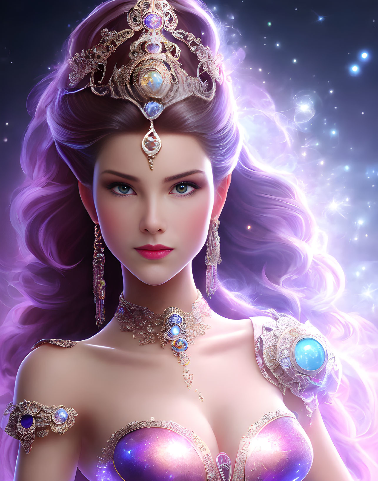 Digital artwork of regal woman with jewelry and crown on starry background.