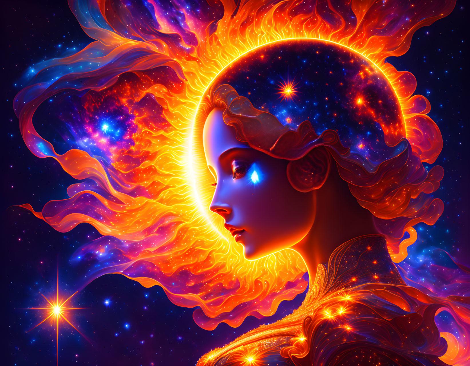 Cosmic-themed digital artwork of a woman with fiery hair aura