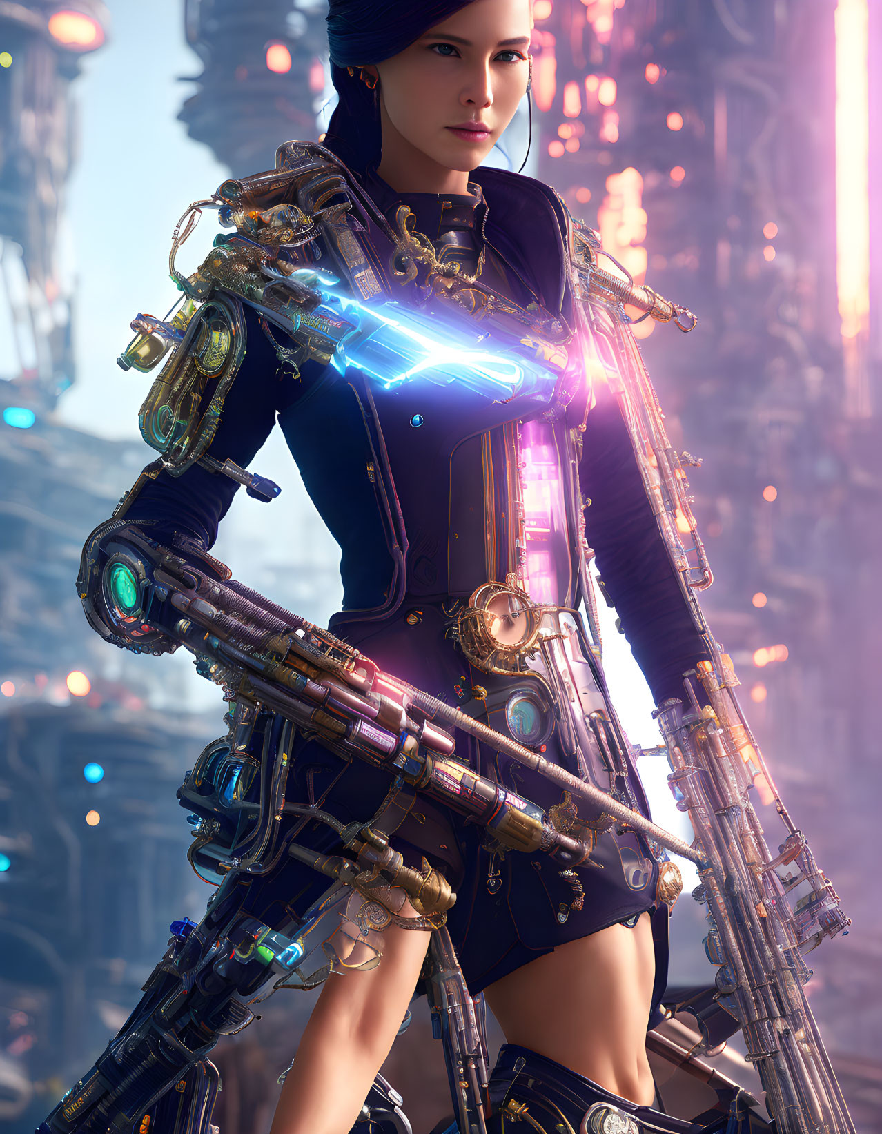 Futuristic digital art of woman in glowing blue armor with high-tech weapon