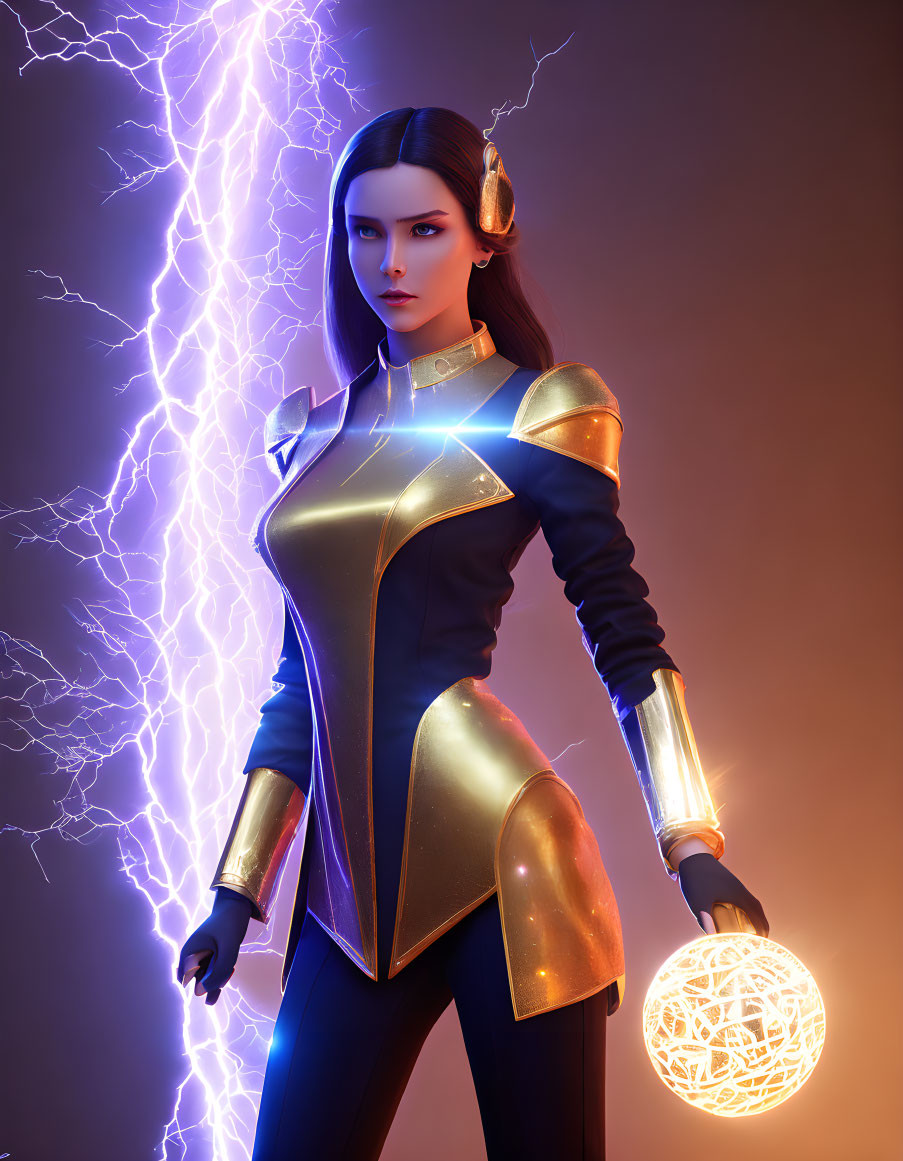 Futuristic female character in gold and blue bodysuit with glowing orb and lightning.