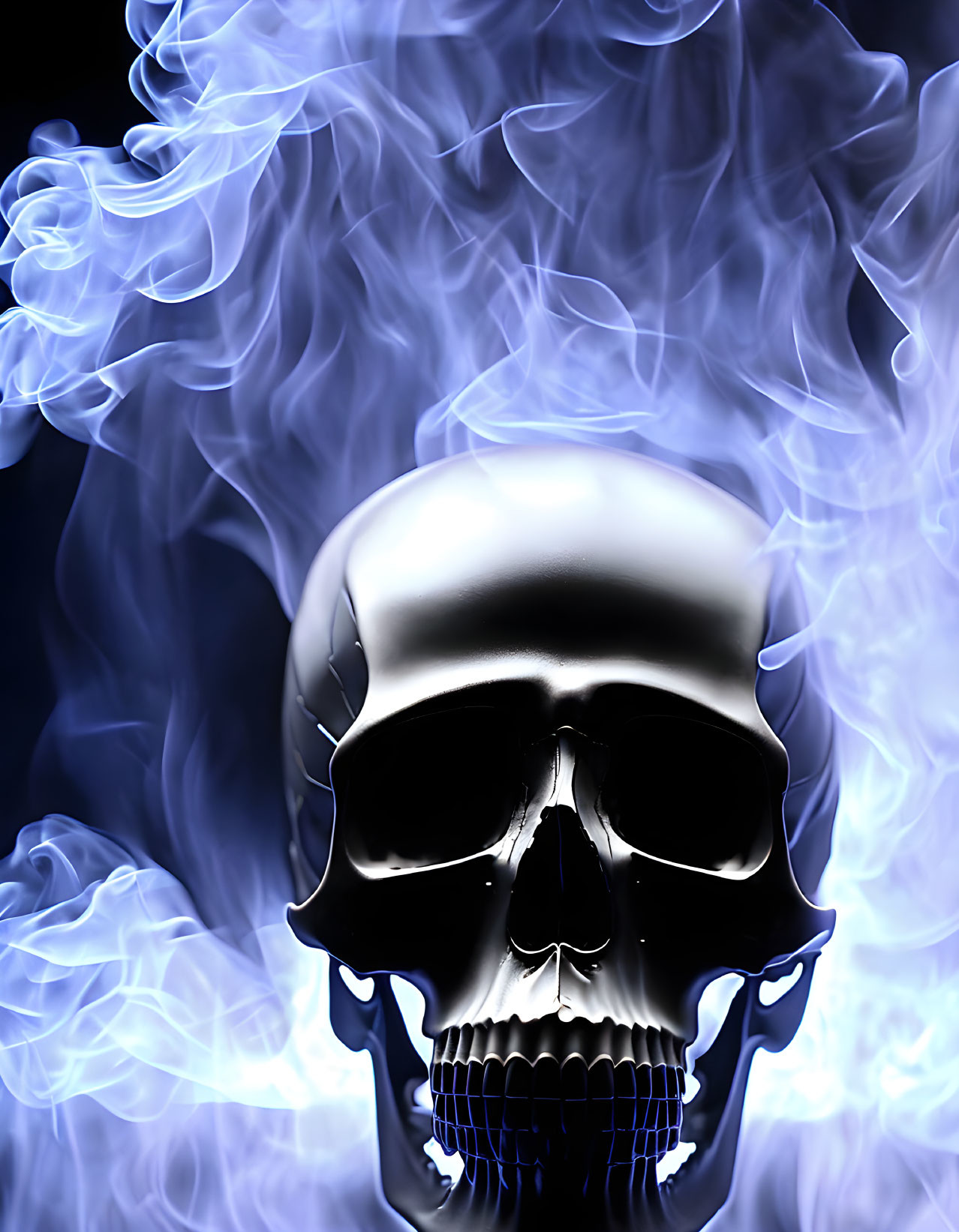 Human Skull Surrounded by Blue Smoke on Dark Background