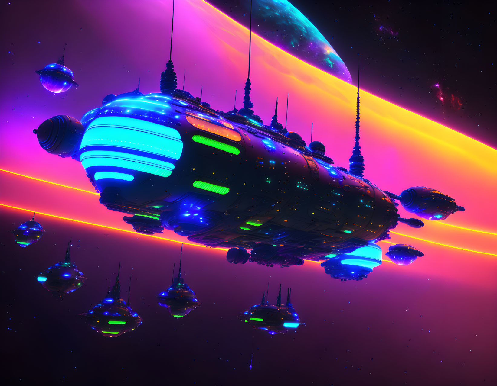 Futuristic spaceships with neon lights in vibrant outer space setting