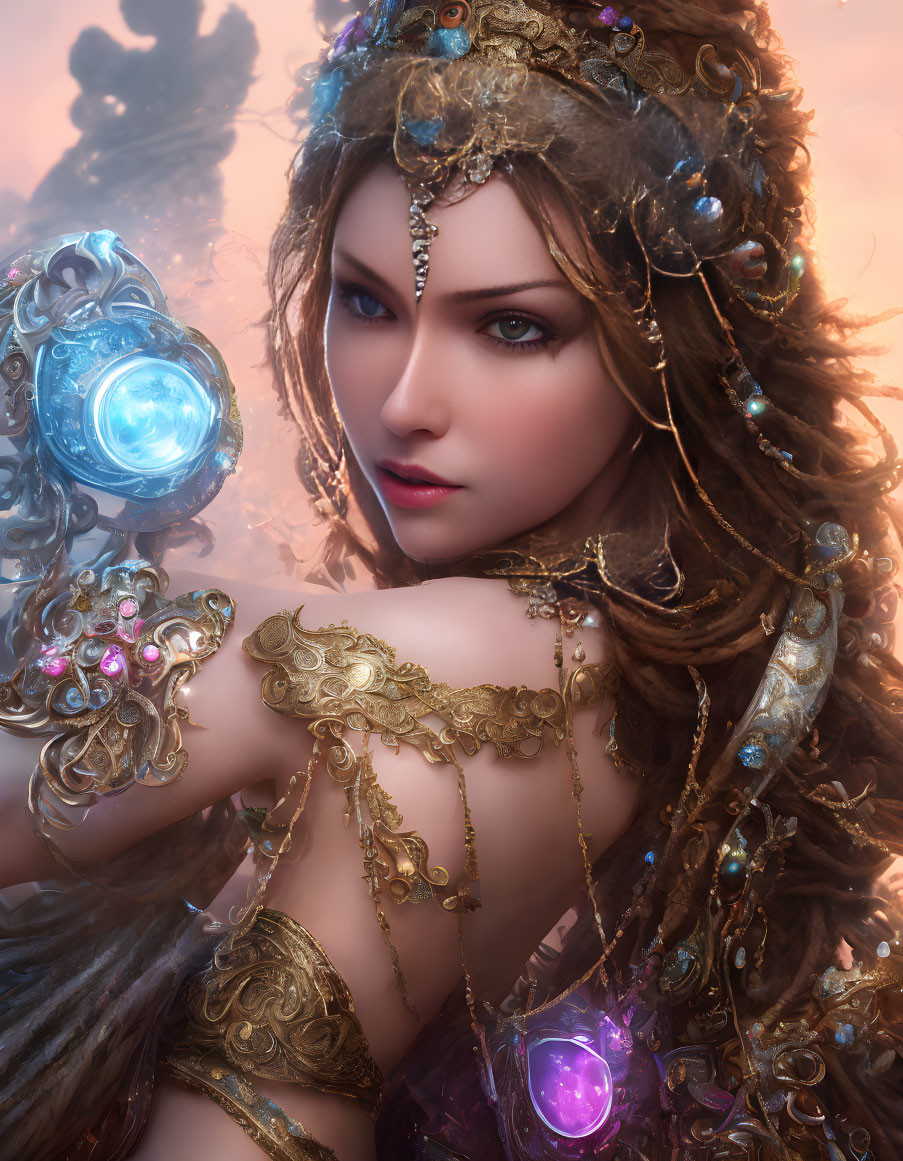 Fantasy portrait of woman in golden armor with glowing orb staff