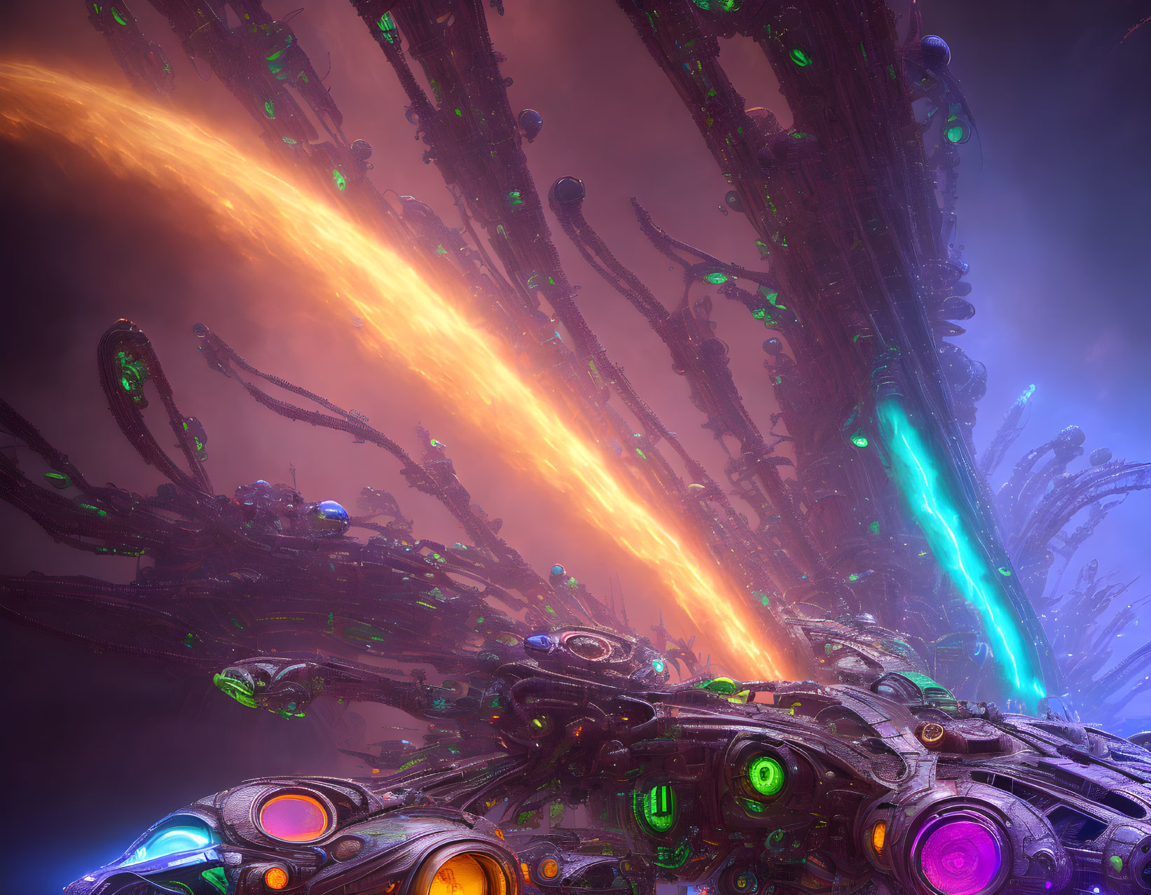 Mechanical tendrils with glowing green accents in futuristic scene.