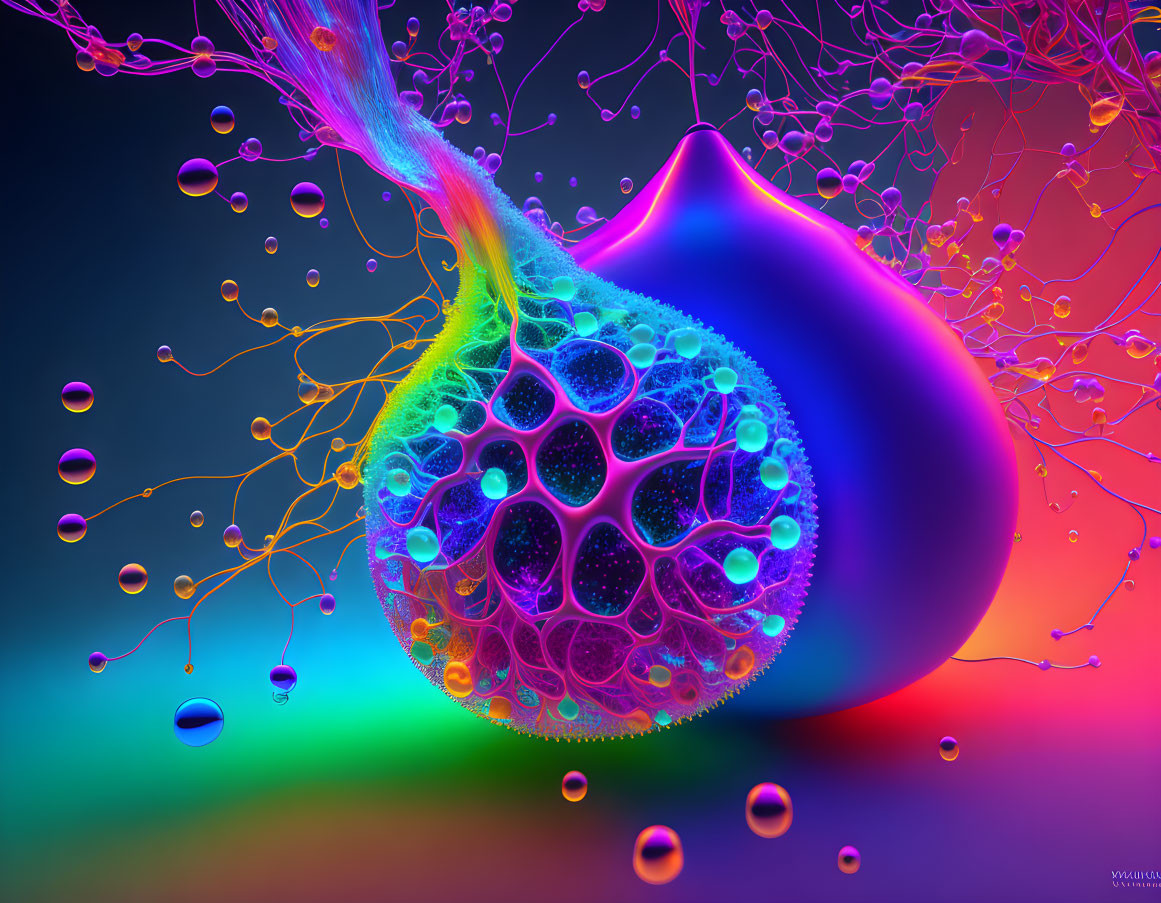 Abstract digital artwork: Vibrant cellular structure with floating orbs