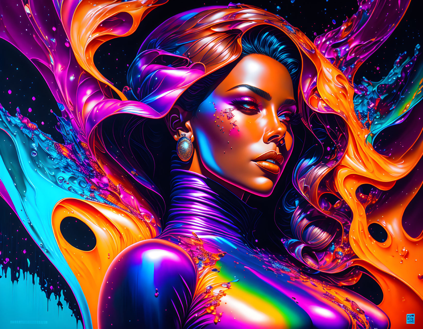 Colorful digital artwork: Woman surrounded by liquid and abstract shapes