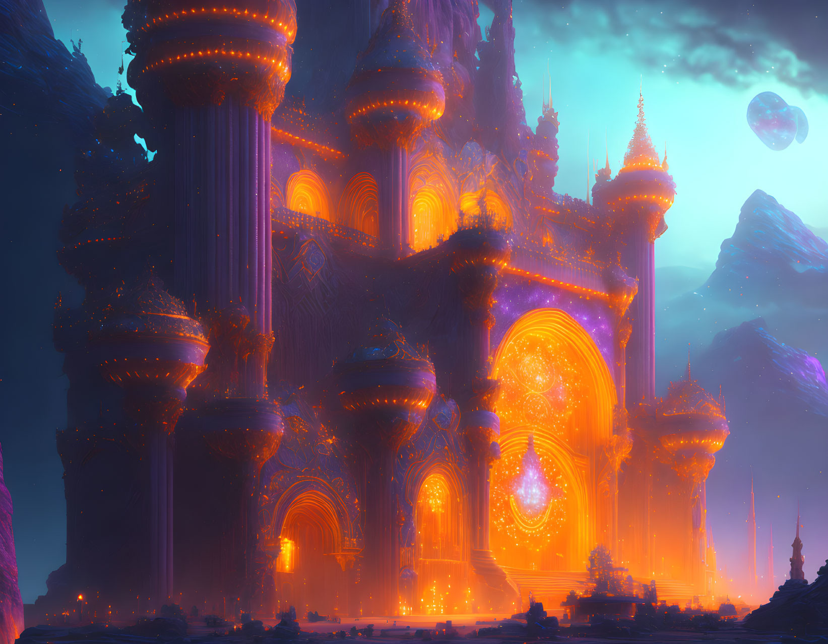 Alien city with towering spires and glowing architecture at twilight