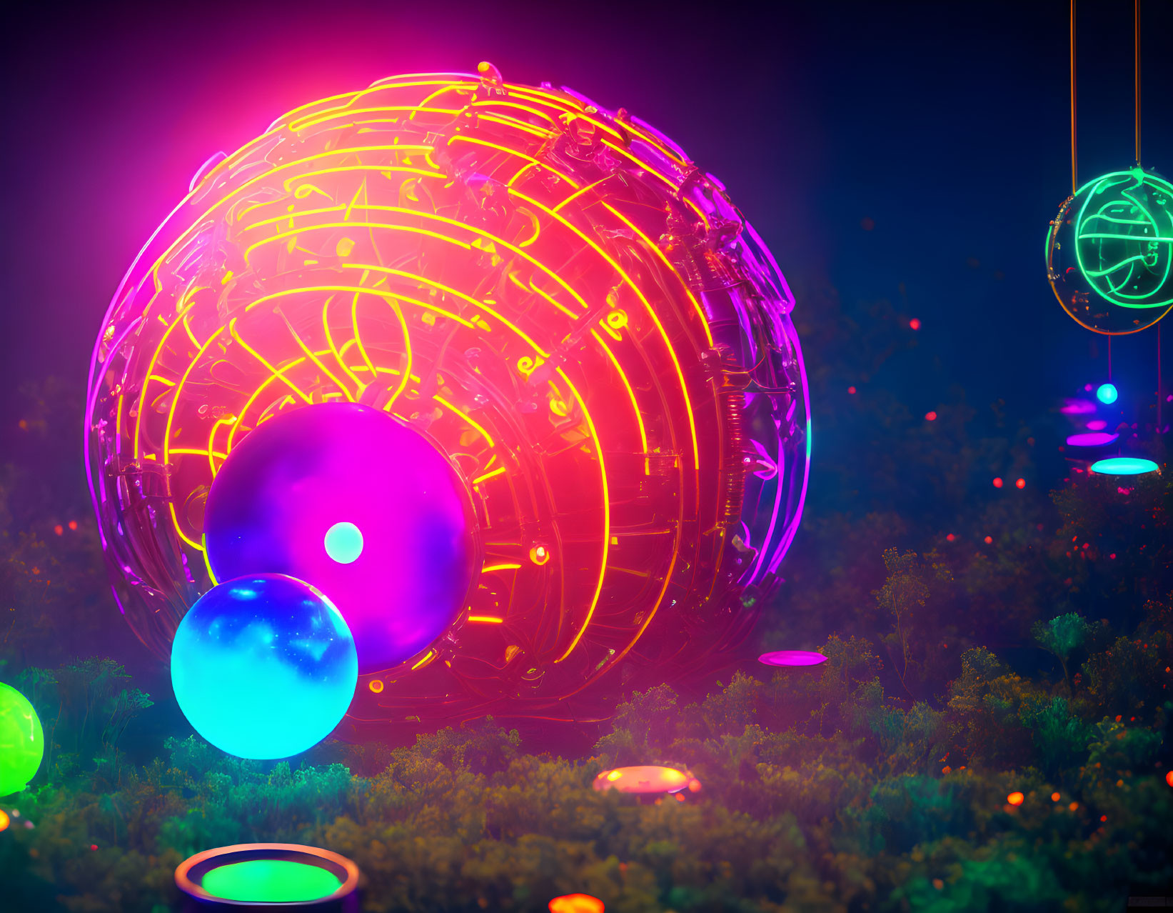 Futuristic neon-lit orb with glowing spheres in vibrant ethereal landscape