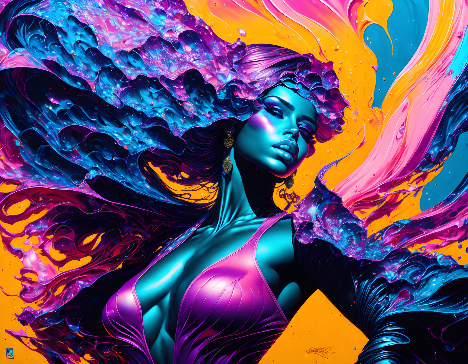 Colorful digital artwork: Woman with liquid-like hair on vibrant backdrop