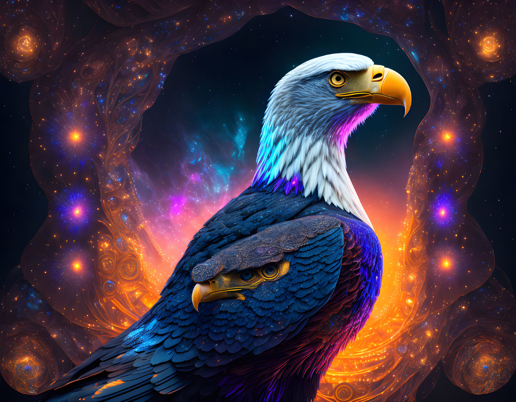 Vibrant blue feathered eagle in cosmic background