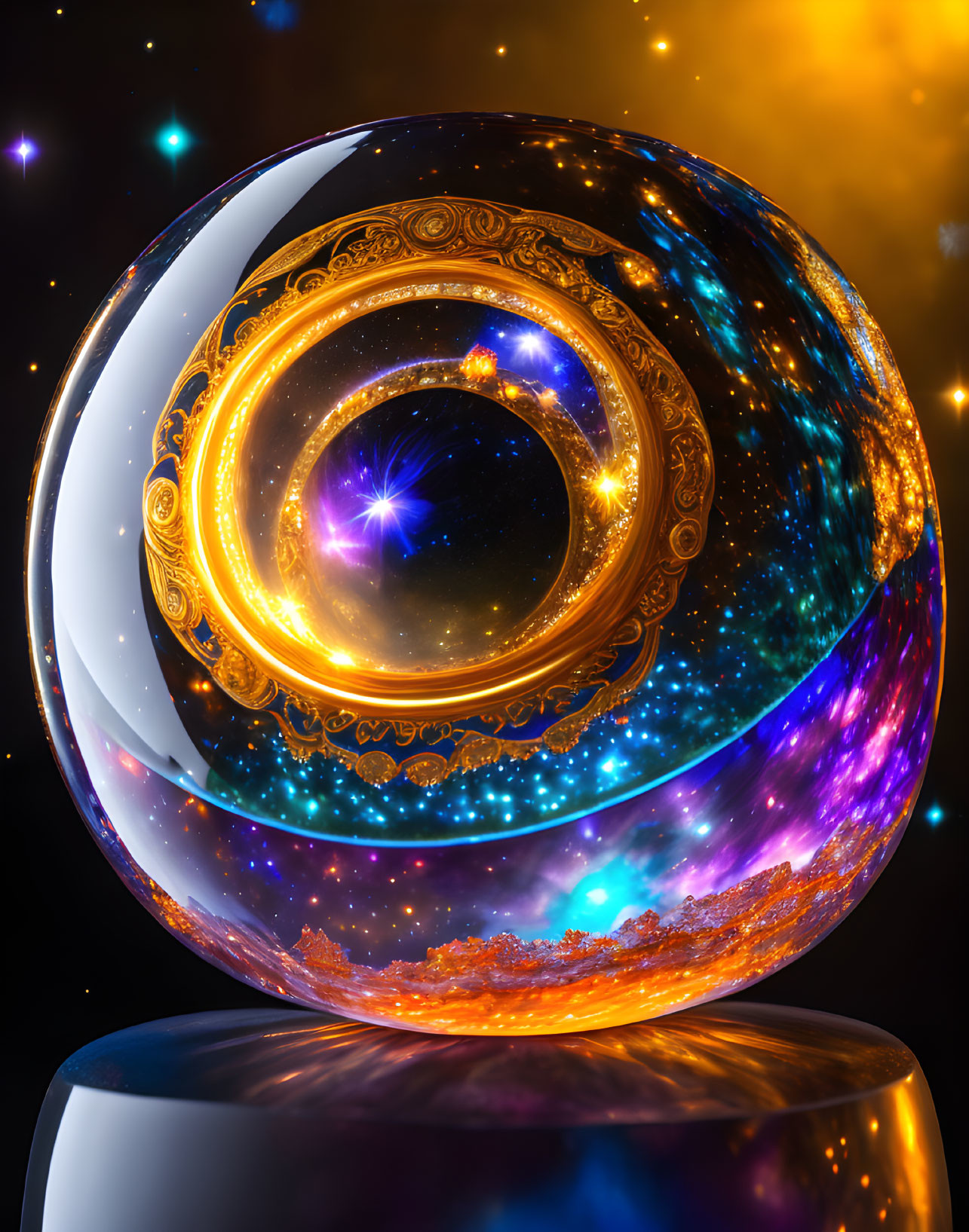 Colorful ornate cosmic sphere against starry space background.