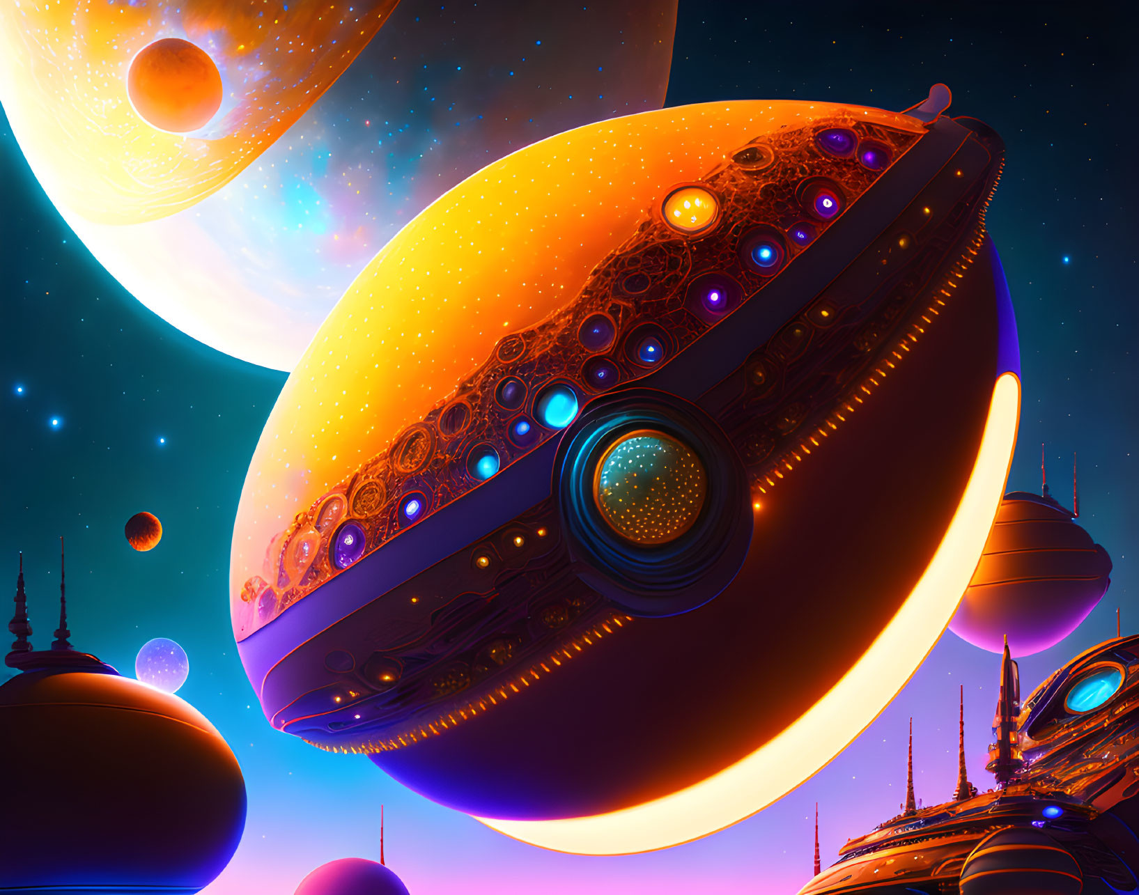 Detailed sci-fi spaceship with glowing orbs against colorful cosmic backdrop