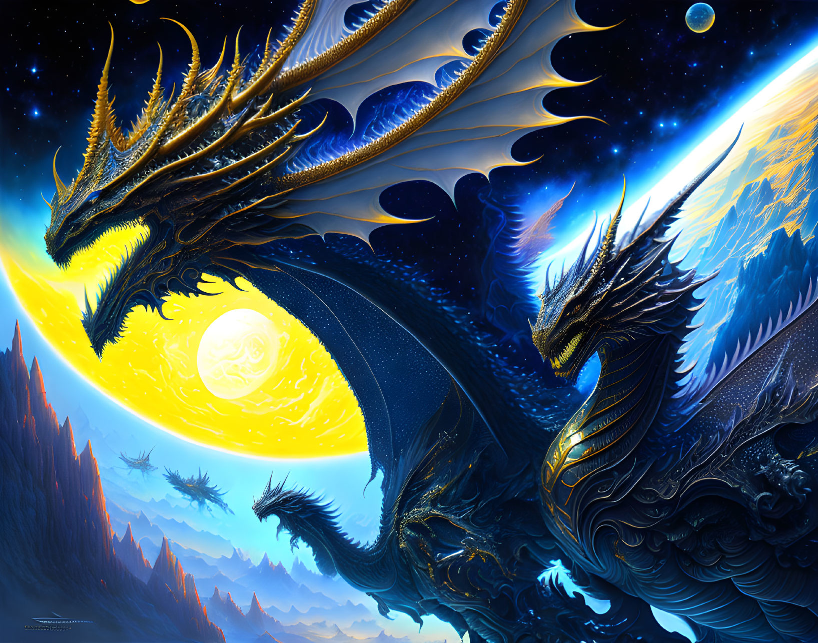 Fantasy Artwork: Majestic Dragons in Cosmic Setting