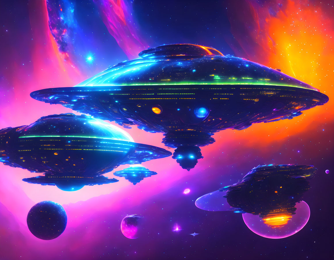 Colorful space scene with multiple UFOs and nebulae