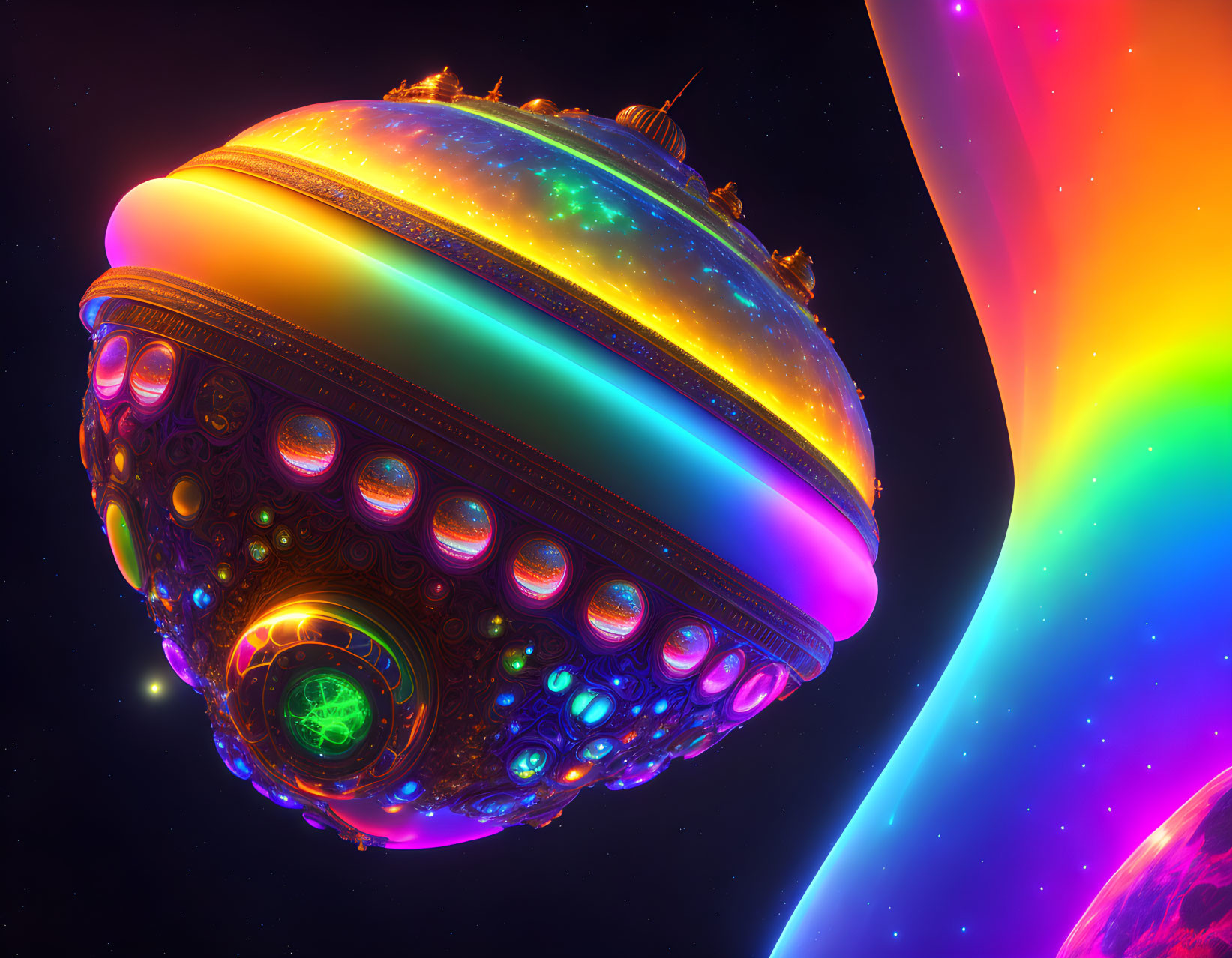 Colorful Spaceship with Glowing Orbs Near Rainbow and Planet