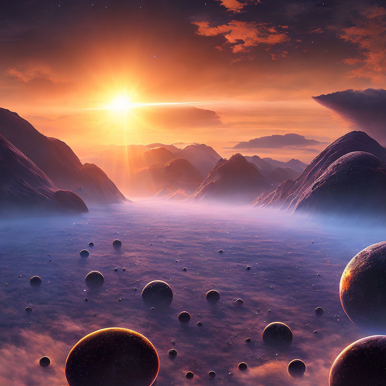 Fantastical landscape with suspended spheres above misty valley