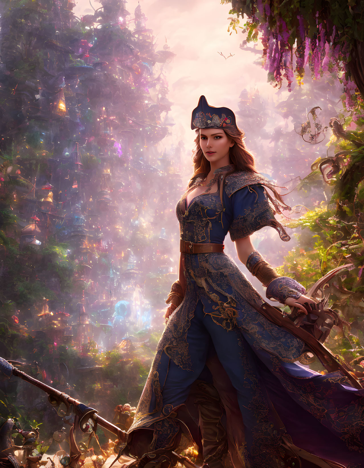 Regal woman in blue and gold outfit in enchanting forest.