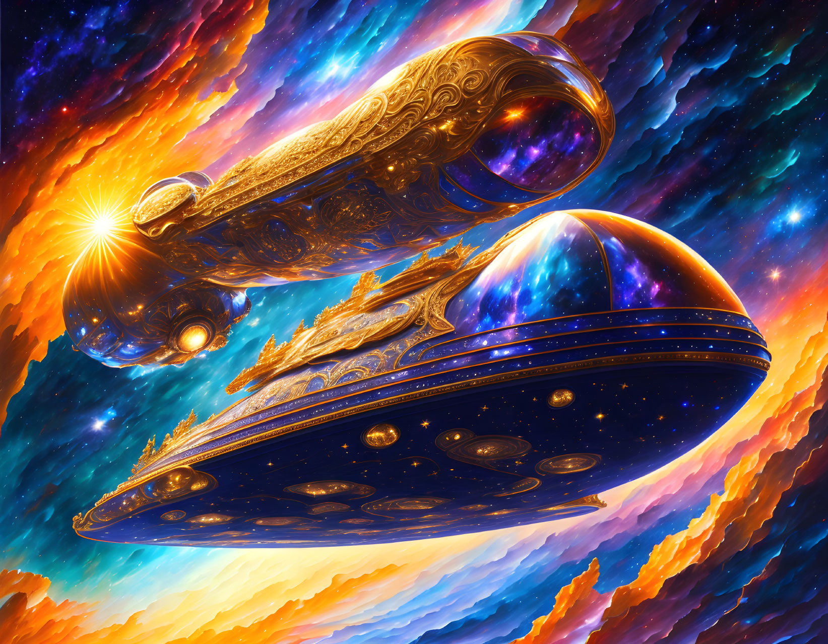 Golden and Blue Spaceships in Vibrant Nebula with Starburst