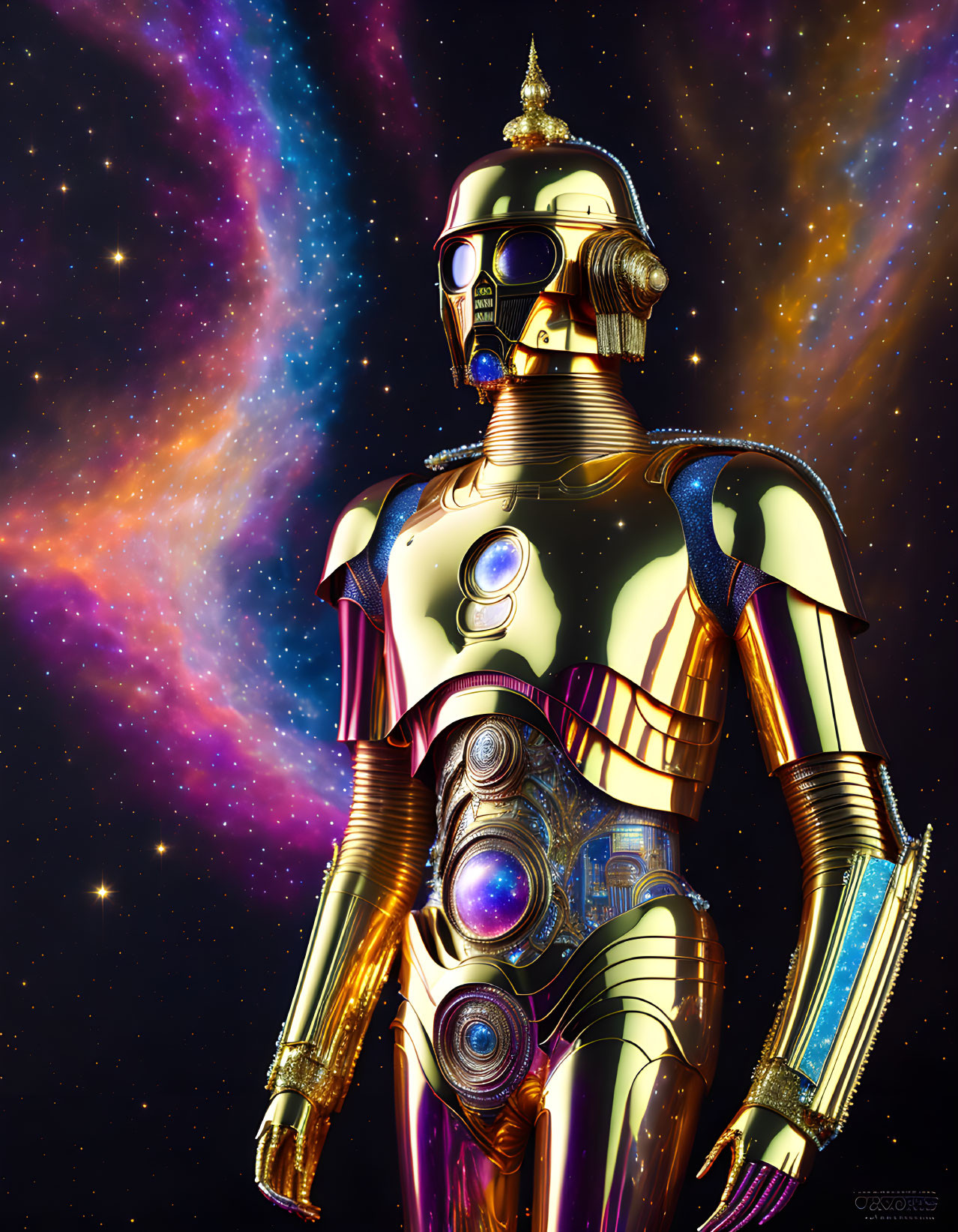 Intricate Golden Humanoid Robot Against Galactic Backdrop