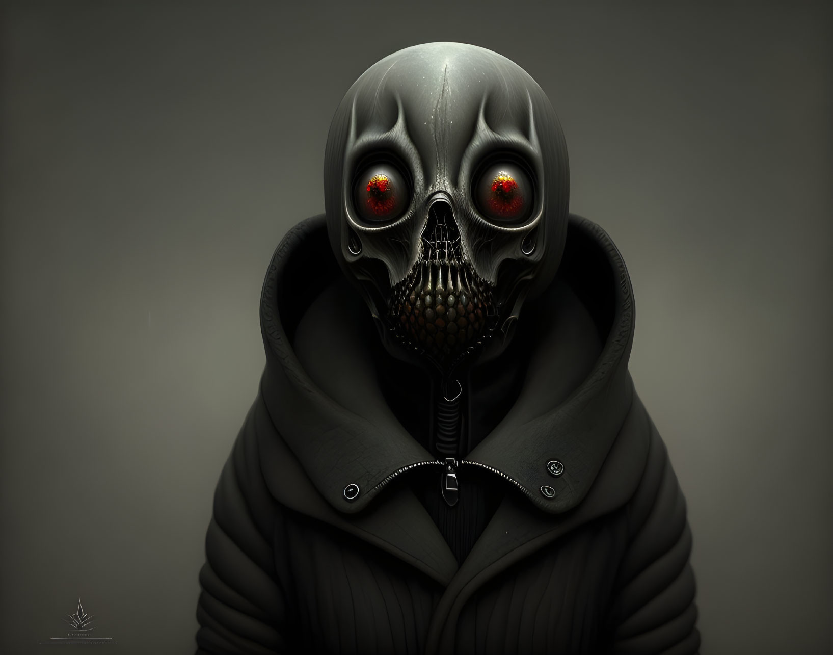 Person in dark hooded outfit with skull mask and red eyes.