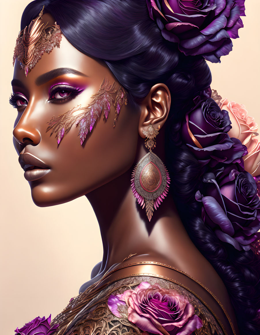 Digital portrait of woman with gold leaf makeup, purple roses, dramatic eye makeup, and intricate earrings.