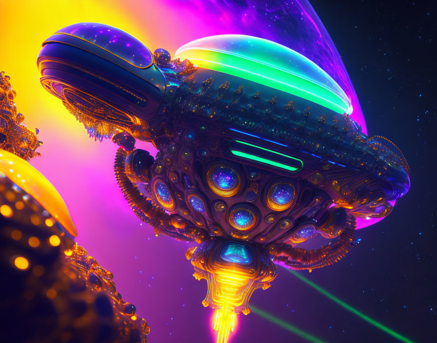 Futuristic spaceship with neon lights in cosmic setting