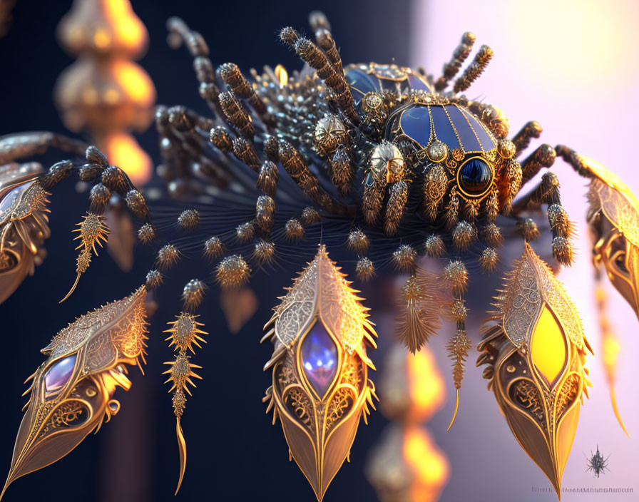 Detailed 3D Render of Golden Mechanical Spider with Glowing Blue Elements