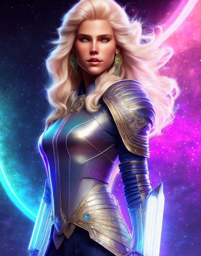 Digital Art: Woman in Futuristic Armor with Flowing Blonde Hair