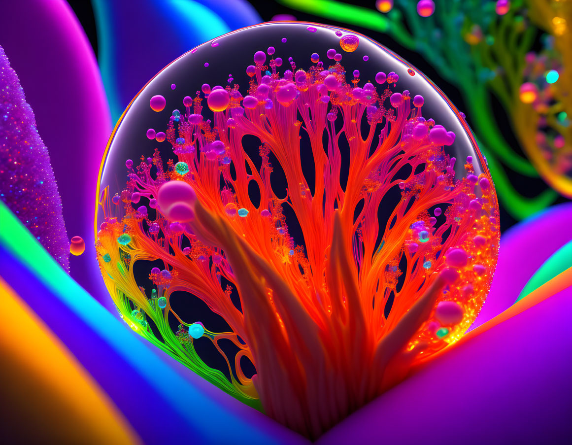 Luminous 3D rendering of tree-like structure in bubble with glowing forms