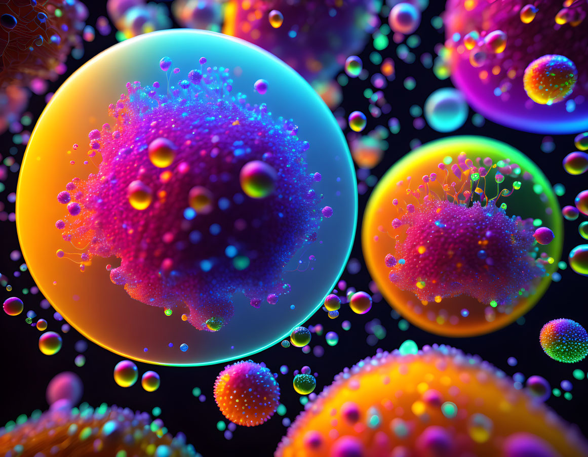 Vibrant 3D Rendered Microscopic Spheres on Dark Background