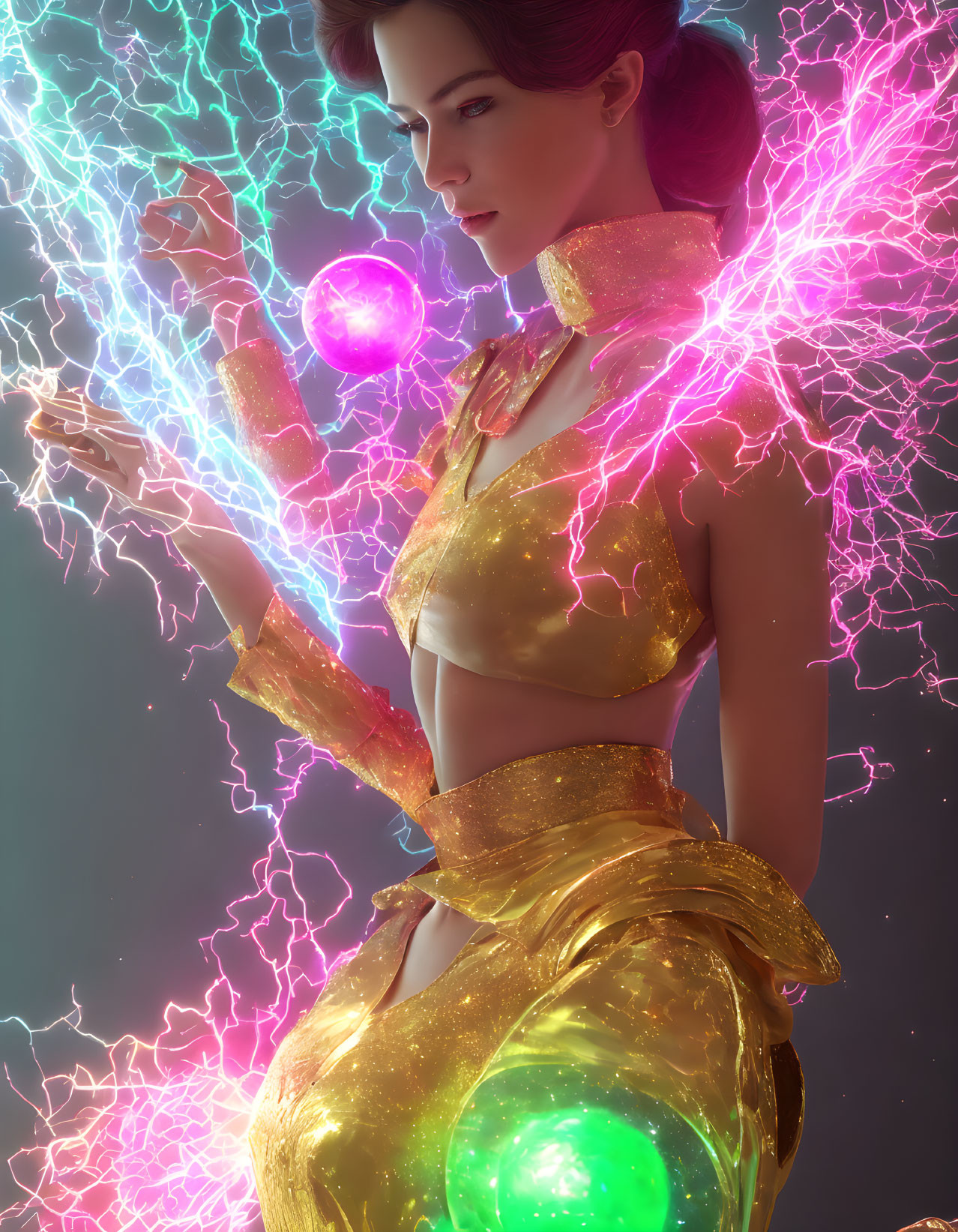 Digital artwork: Woman with mystical powers casting spell in vibrant electric currents