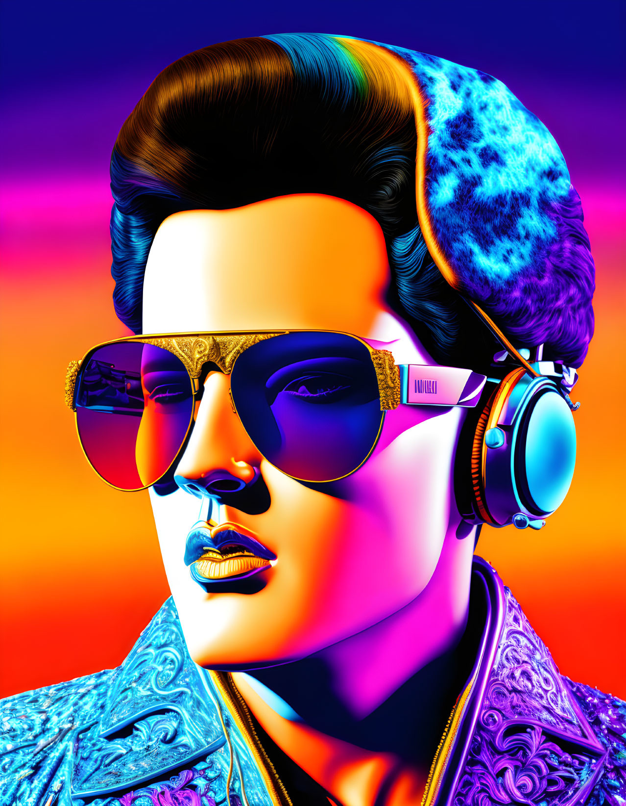 Colorful portrait of a person with retro hair, sunglasses, headphones on neon background