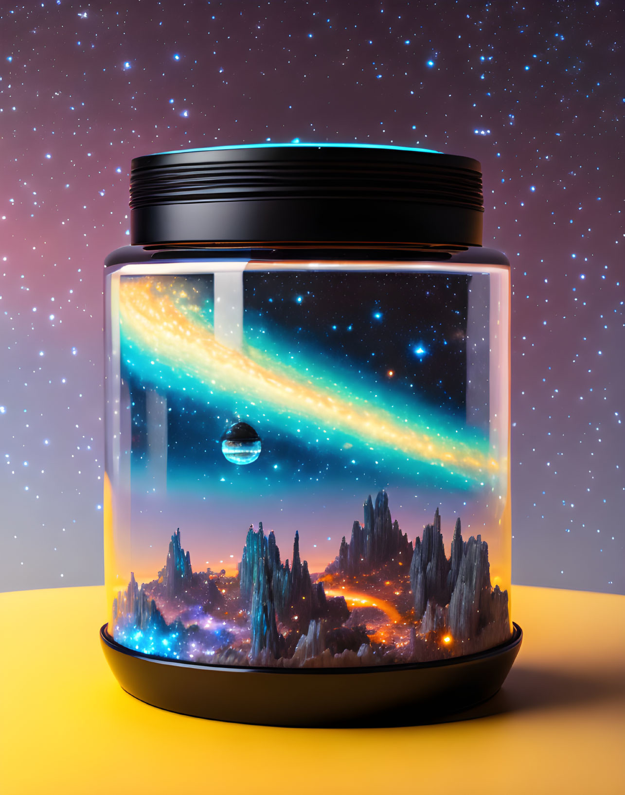 Fantastical terrarium with cosmic scene on yellow surface