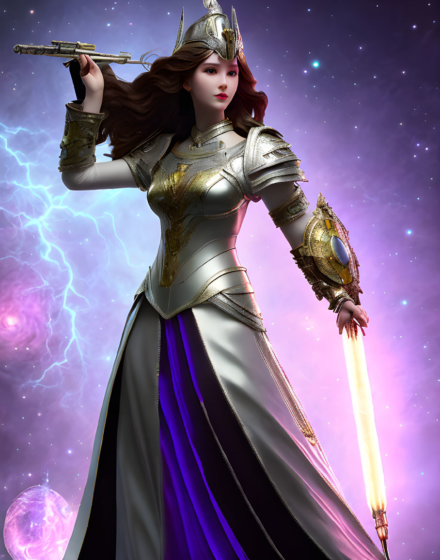 Female warrior in silver armor wields glowing sword against cosmic backdrop