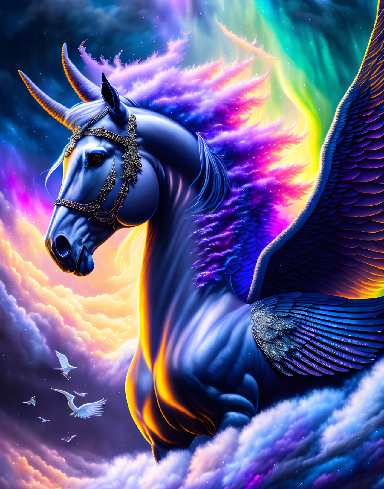 Winged unicorn with shimmering mane in colorful sky