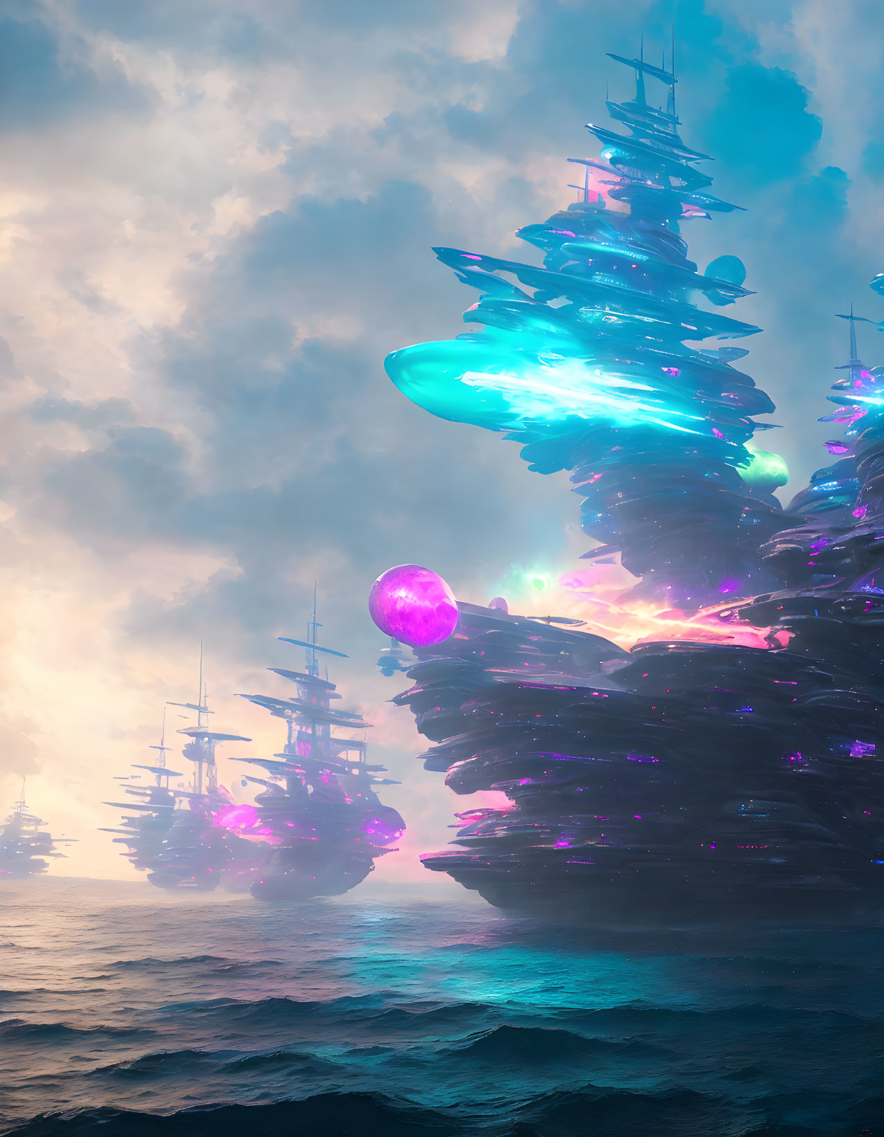 Surreal tall ships fused into towering rock formations with glowing crystals under cloudy sky