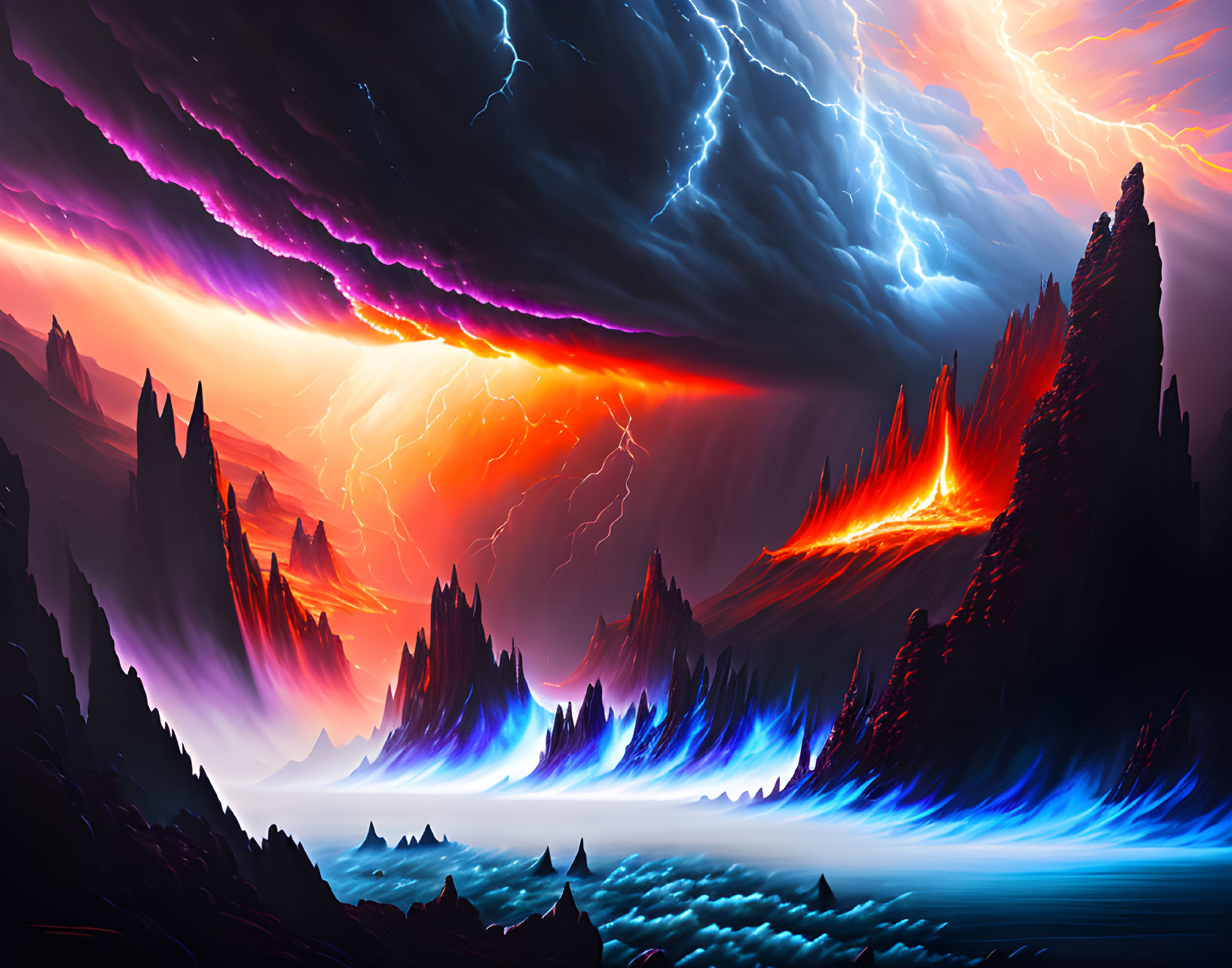 Dramatic landscape artwork with fiery mountains and lightning-filled skies