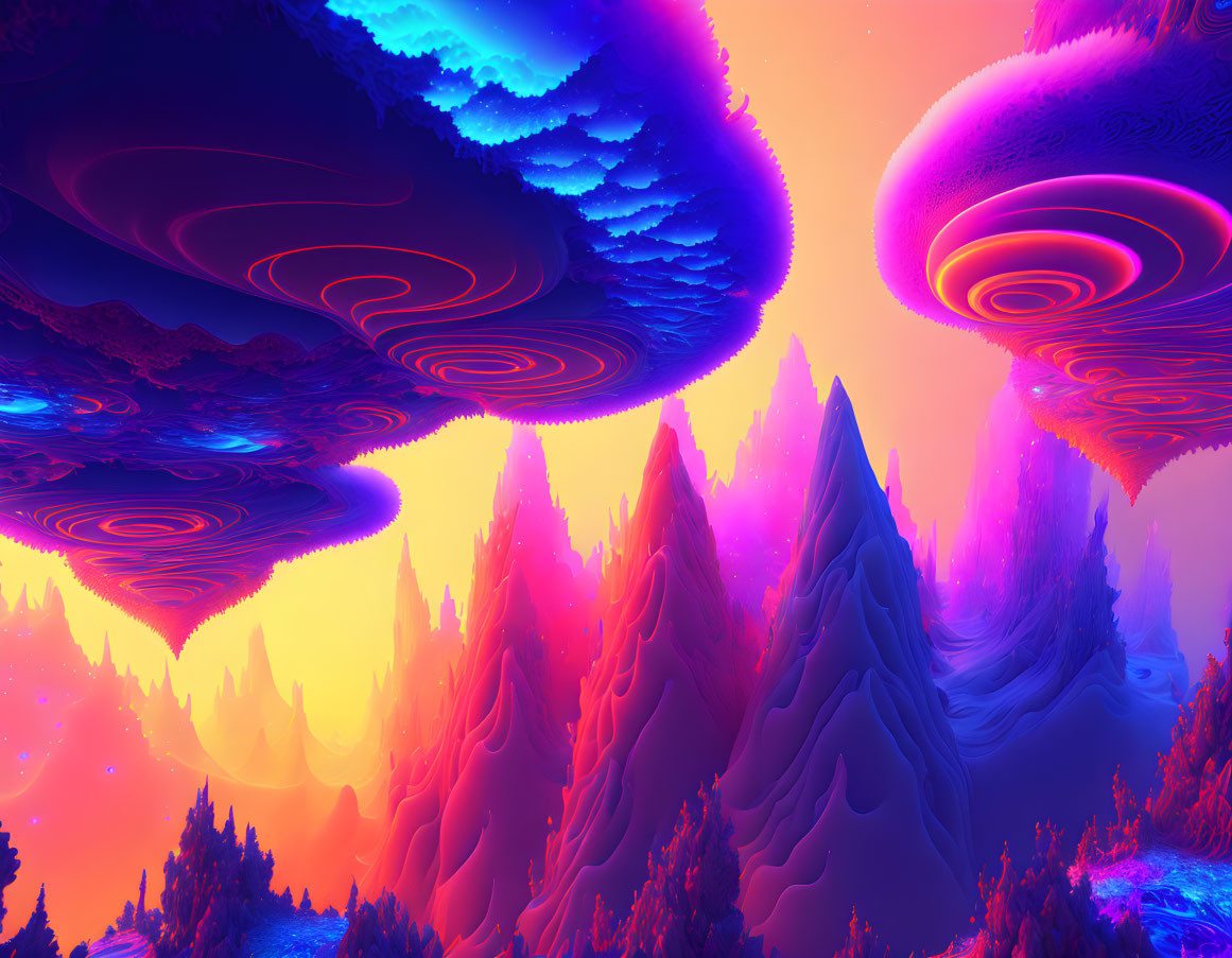 Vibrant digital art landscape with neon pink and blue hues and surreal sky patterns above stylized mountain