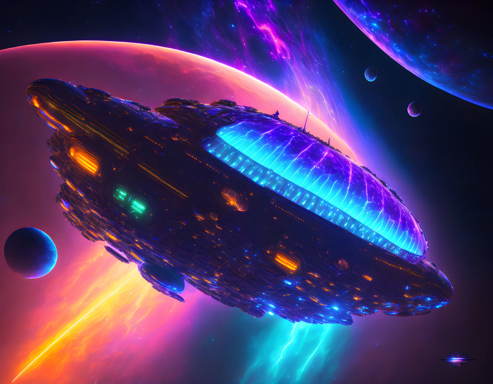 Colorful Nebula Spaceship Artwork with Planets & Stars