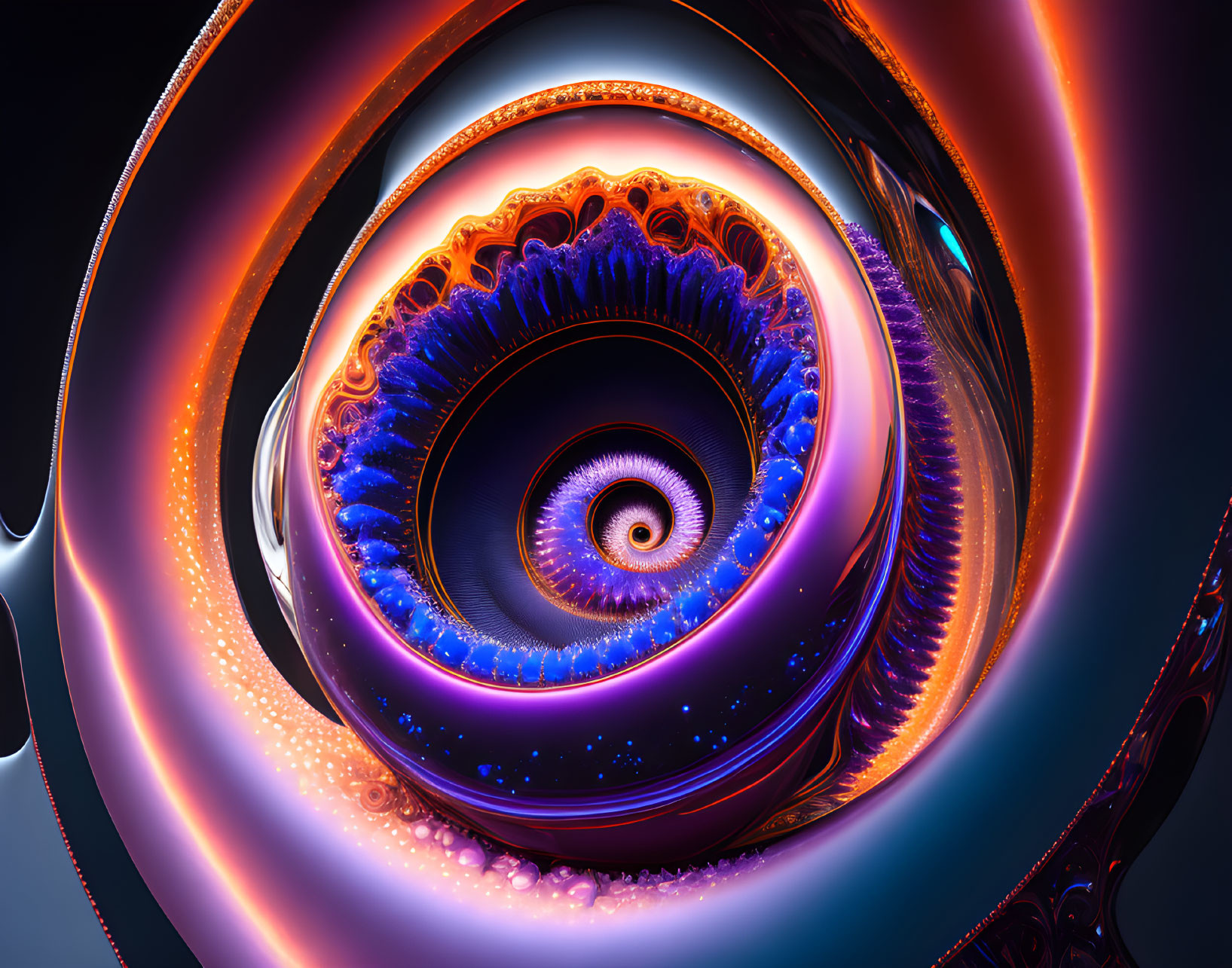 Colorful fractal art resembling a nautilus shell in a cosmic setting